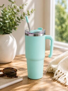 30 oz Grippy Tumbler with Handle Mint Seafoam Lid & Straw